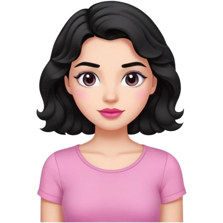 Girl with medium length black wavy thick hair, fair skin, small lips, thick eyebrows, black eyes, small pink lips, thick eyebrows, small nose, with little smile, in pink top emoji