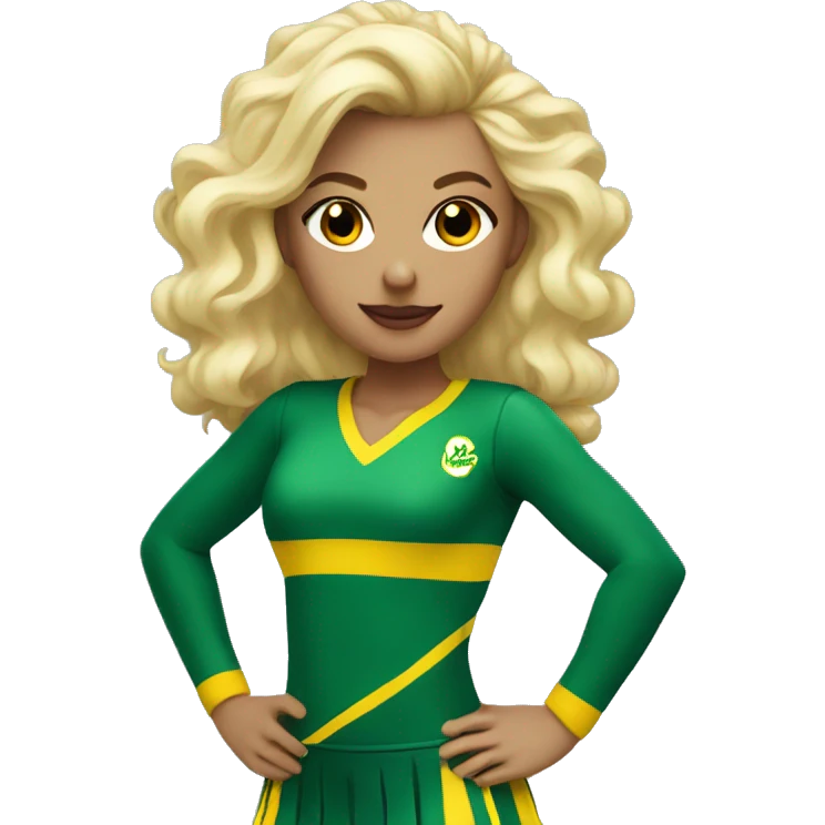 Blonde Cheerleader in green and yellow uniform with pom poms in her hands emoji