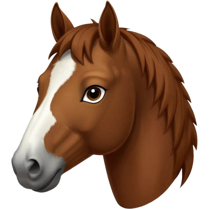 Head of a sorrel horse with a wide white blaze from his forehead, under his forelock, running down his face and under his muzzle, facing forward. emoji