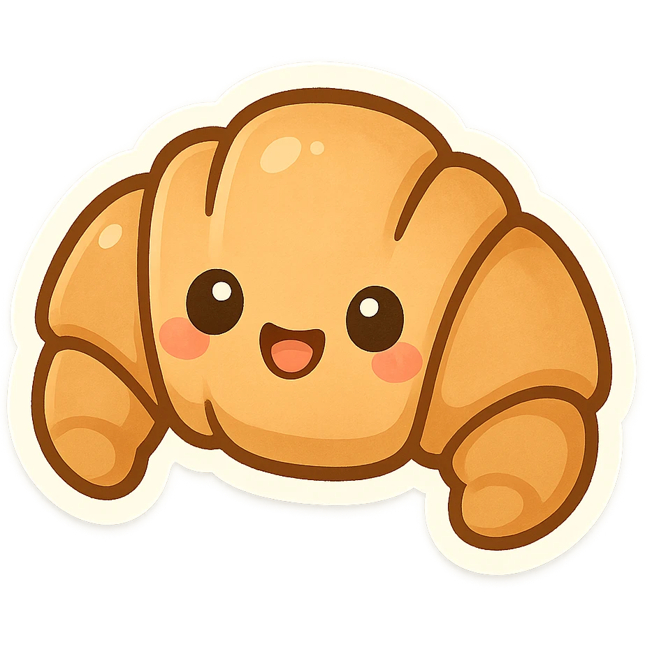 chibi sticker-style croissant with a smiling face, cute and exaggerated emoji
