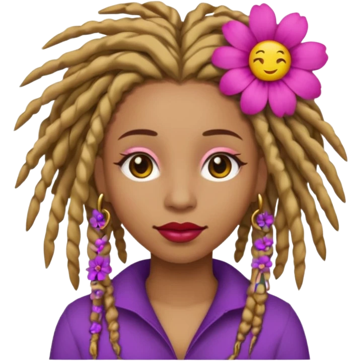 Gold dread locs pink emoji face purple flower in the hair red lipstick light brown face   emoji