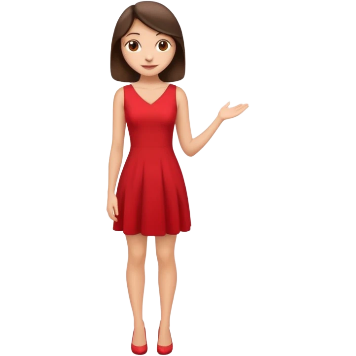 Cartoon emoji of a young brunette woman with fair-medium skin, brown eyes, wearing a red outfit. Full-height, standing confidently in a red dress  posing sexy with a smile and relaxed posture. Smooth, friendly, stylized, make up on, flirty eyes and smile emoji