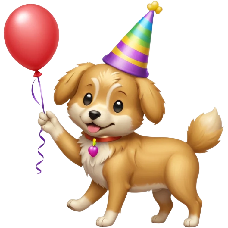 A dog wearing a party hat, wagging its tail while holding a tiny balloon.

















 emoji