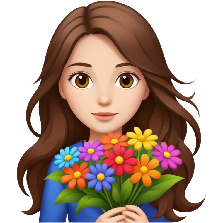 Cool girl with long brown hair holding a bouquet of flowers emoji