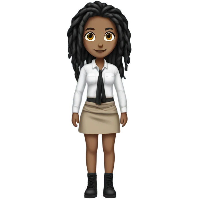 Tan girl with black locs dark white tied shirt black skirt full body emoji