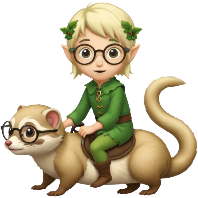 tiny forest elf blode hair with round glasses riding a ferret emoji