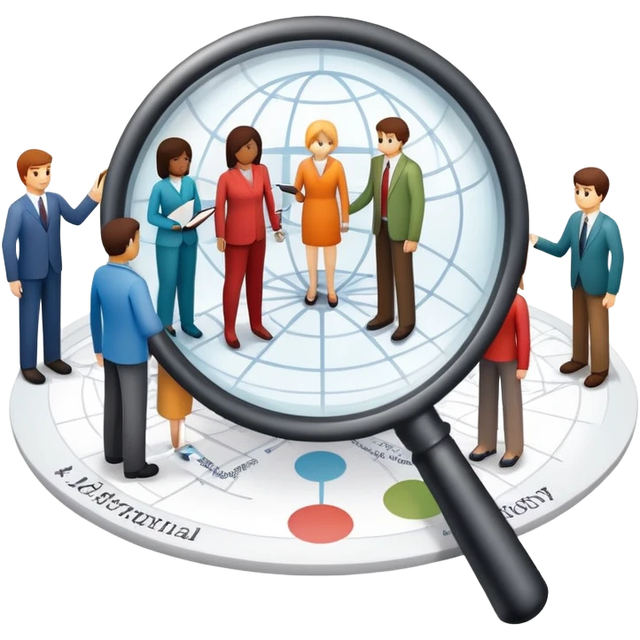An icon featuring a group of diverse people, a social network diagram, and a magnifying glass, symbolizing sociology. The design includes charts and interconnected lines, representing the study of societies, relationships, and social behavior. Transparent background highlights social analysis. emoji