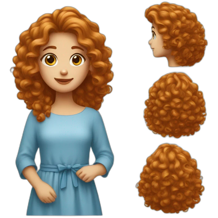 Fille avec cheveux bouclés roux et robe bleu emoji