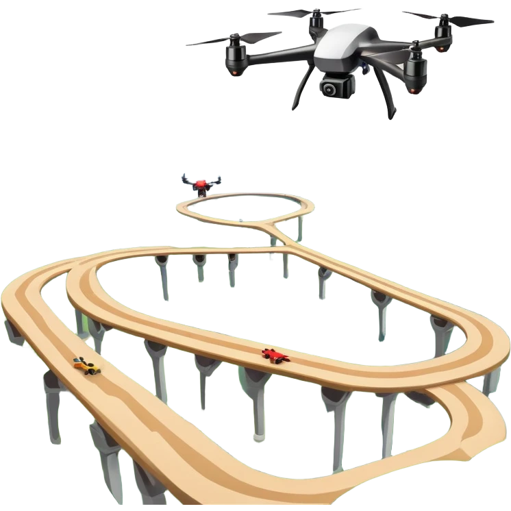 An icon showing a racing quadcopter drone in the foreground, flying at high speed through a course filled with obstacles and checkpoints. Other drones zoom in the background over a dynamic landscape. Transparent background highlights the thrill and precision of drone racing. emoji