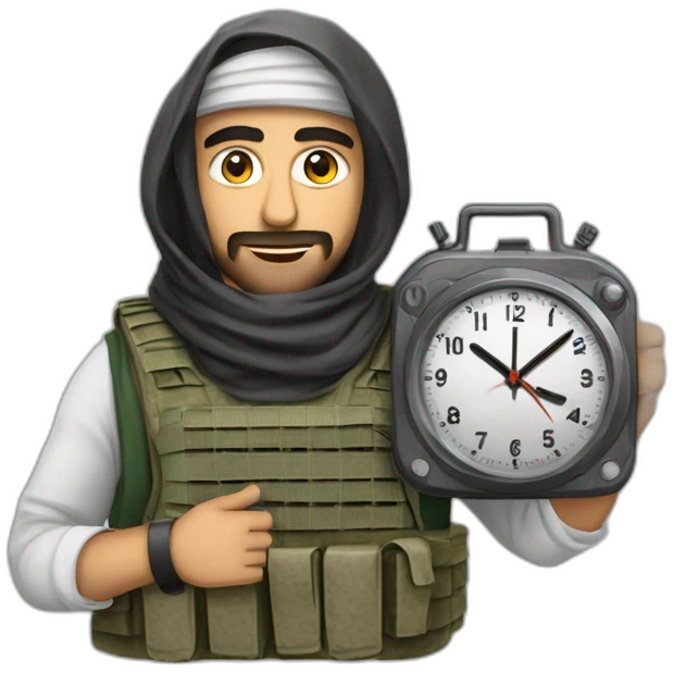 arab man wearing a keffiyeh and a plate carrier with many wires crossing the front and a single analog clock emoji