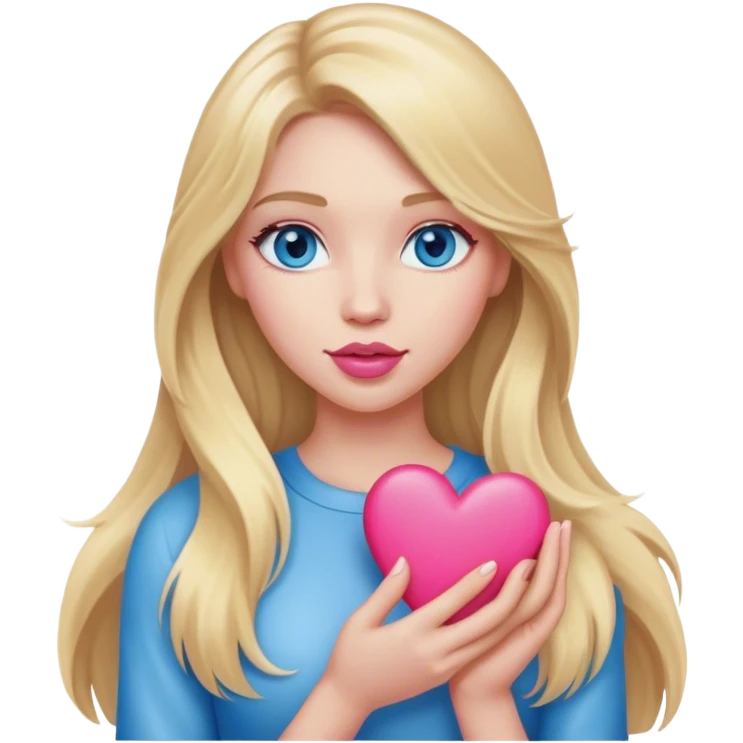 A realistic blonde with long hair and blue eyes and pink lips holds a heart in her hand emoji