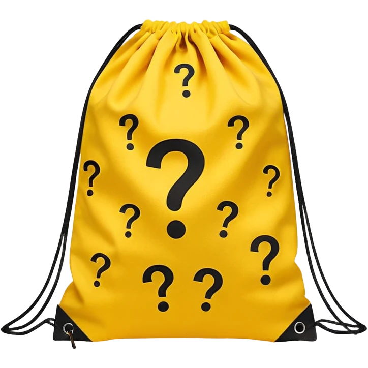 drawstring bag printed with overstuffed with yellow question marks emoji