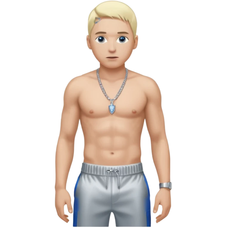 Eminem with blonde hair, shirtless with necklace, metallic silver pants, blue eyes emoji