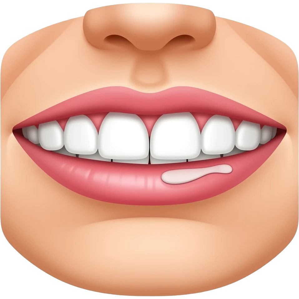 Upper gum with irritation from nicotine pouches, reddened and slightly swollen tissue, small white lesion on the gum line, uneven surface, simplified clean shape. emoji
