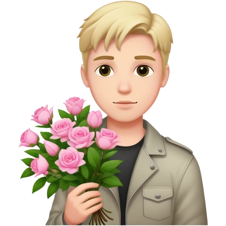 A cool bad boy with fair skin holding a bouquet of pink jasmine roses emoji