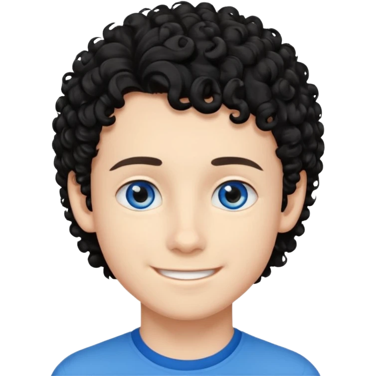 boy, young face like 18 years, blue eyes, medium curly hair black, easy smile emoji