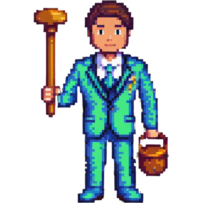 pixel art lawyer with a pixelated suit and a pixelated gavel emoji