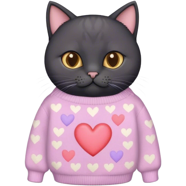 
black british cat in cute pastel sweater with hearts emoji