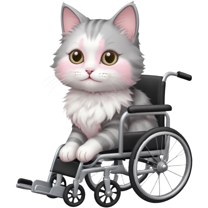 disabled grey and white small cat using a wheelchair made for cats emoji