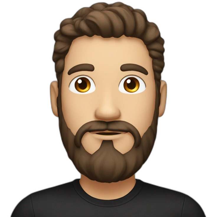 White man with a sun kissed tan and blue eyes. His hair is dark brown, styled sideways backwards. He has a beard and mustache trimmed. Wears s black t-shirt. emoji