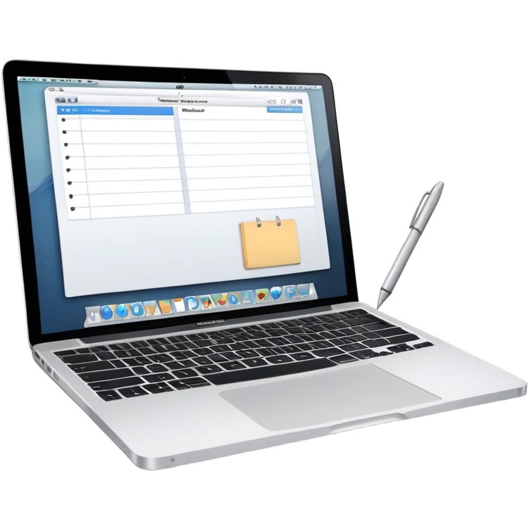 MacBook with online booking system and classic paper notebook with pen side by side, both objects fully visible, no background, no cut-off edges emoji