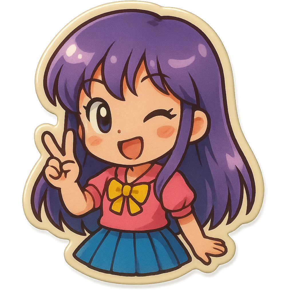 chibi anime girl with long purple hair, winking and making a peace sign, retro stickers style emoji