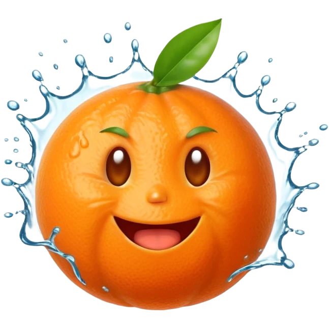 Juicy explosion mandarin emoji, bursting juice splash everywhere, exaggerated happy reaction, bright orange color, simple cartoon style, transparent background. emoji