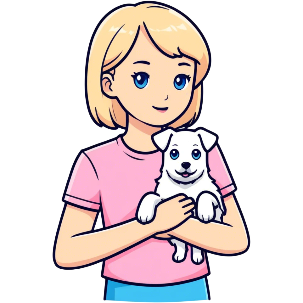 Blonde girl in pink t-shirt and blue eyes and white dog in hands emoji