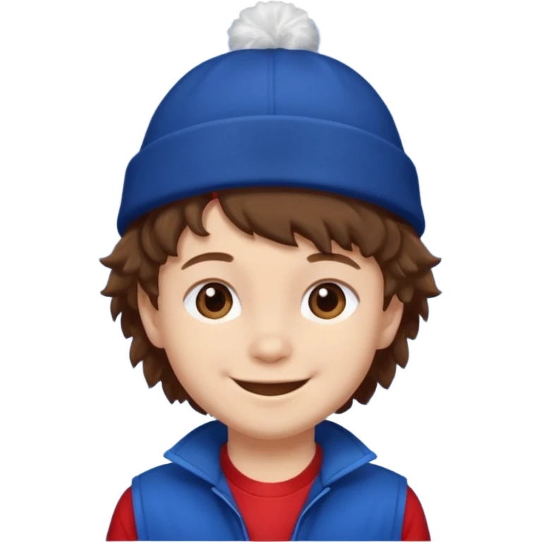 brown fluffy hair kid with blue and white hat dark blue jilet red t shirt emoji