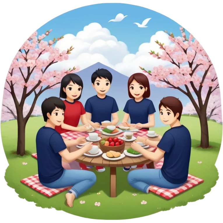 "East Asian teams in department-colored tees (navy/R&D, crimson/sales, sage/HR) picnic under blossoms. Sunlord cloud above. Circular minimal art." emoji