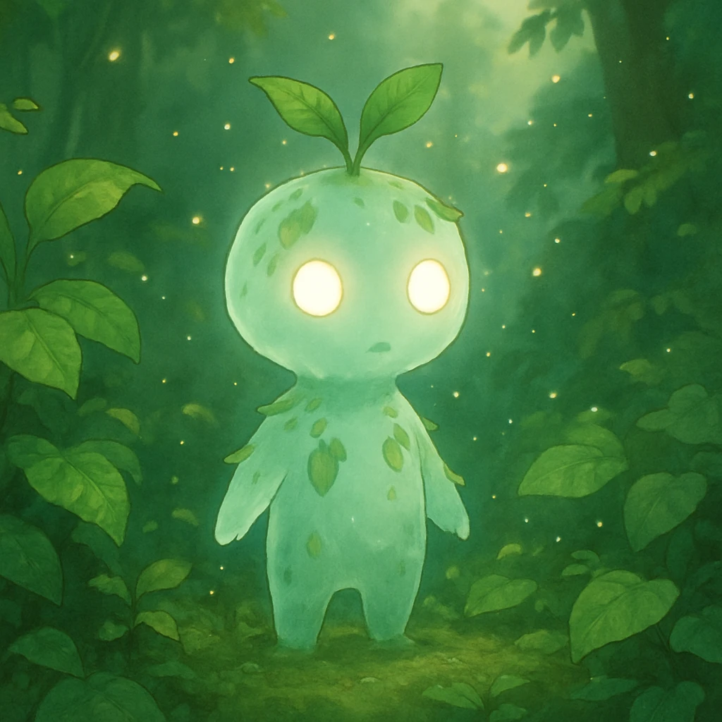A small, ethereal forest spirit with glowing eyes, surrounded by lush green foliage. The spirit has a translucent body with nature elements like leaves and moss incorporated into its form. Magical light particles float around it, illuminating the misty forest scene in soft, dappled sunlight. emoji