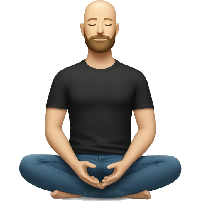 Bald and bearded white man meditating in black tshirt and blue jeans emoji