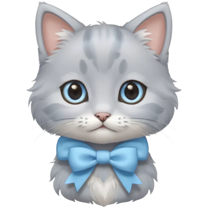 cute fluffy gray kitten with a light blue bow, ghibli style emoji