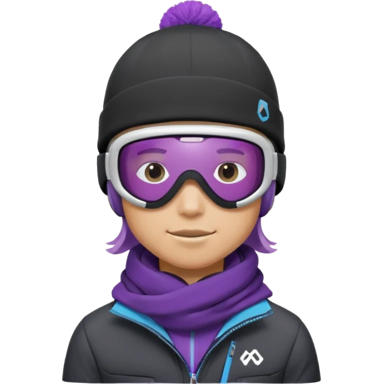Pro Snowboarder with white and grey beanie, ONE pair of purple and blue frameless goggles on and a black jacket emoji