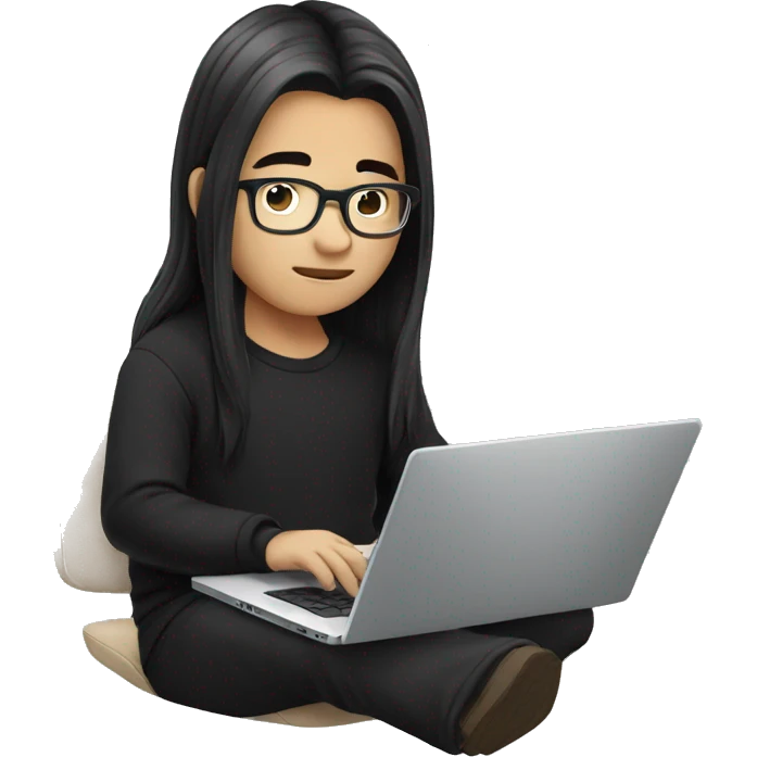 asian boy with glasses, long hair working, wearing black clothes , on his laptop  emoji