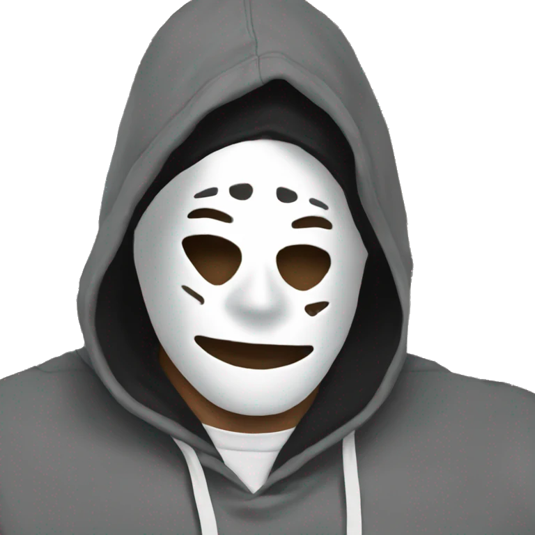 Male artist painting wearing white drama mask and black hoodie  emoji