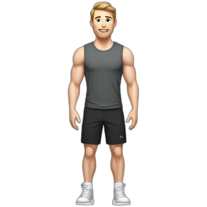 Full height Actively gesturing with hands Pale skinned Fit Man With the biceps and brown hair in dark gray Sleeveless Mike, black oversize sports shorts and white Sneakers emoji