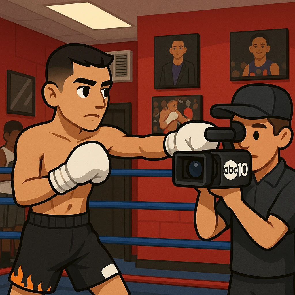 Add the ABC 10 logo to the camera, include a cameraman, make the gym more detailed like the reference photo, and make the boxer resemble the person in the reference image. The style should match the original image's look and feel. emoji