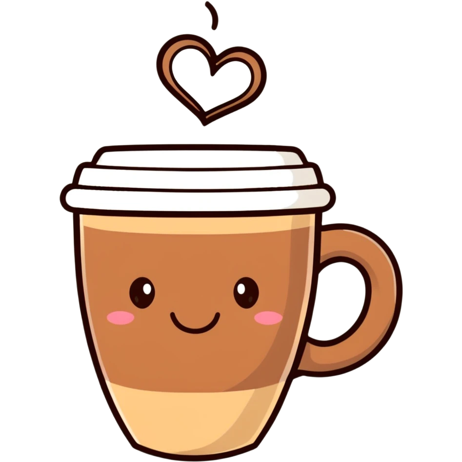 smiling hot coffee cup with heart-shaped steam, different cup design, mocha brown tones, kawaii soft hand-drawn emoji