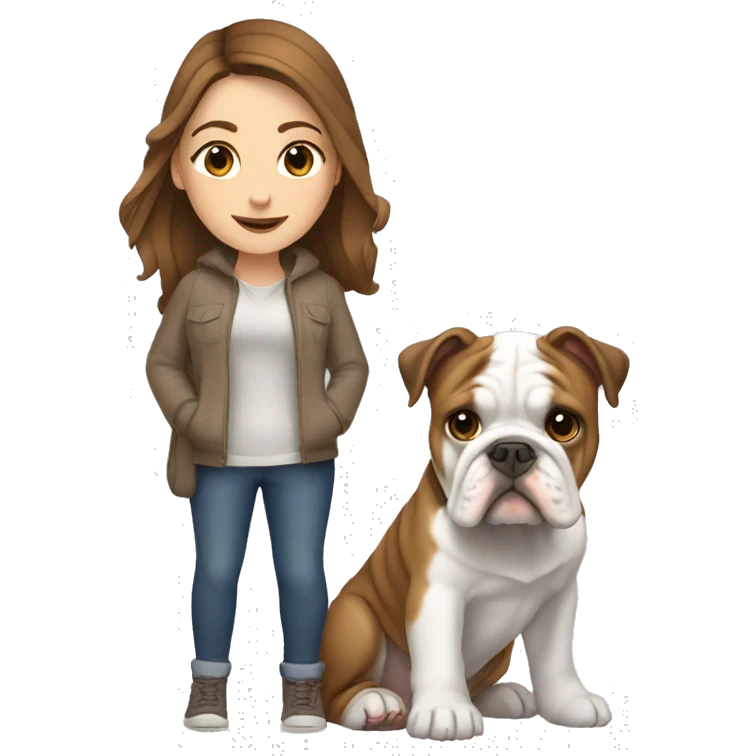 White girl with brown hair holding English bulldog emoji