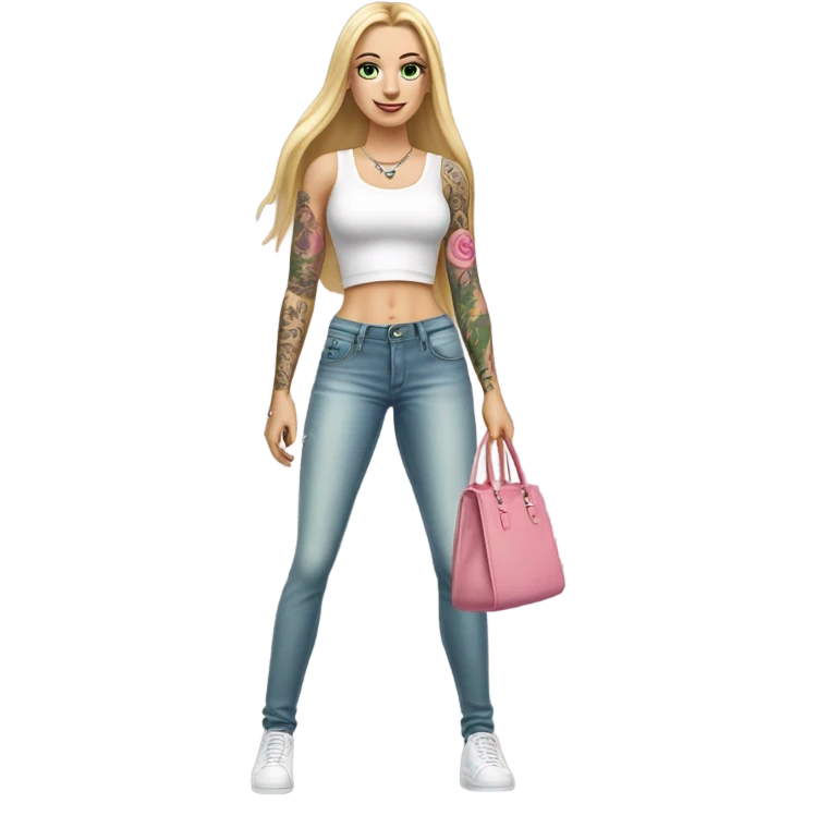 Realistic White girl with Long straight blonde hair, green eyes, tattoos, full body wearing white crop top and jeans, holding pink handbag emoji