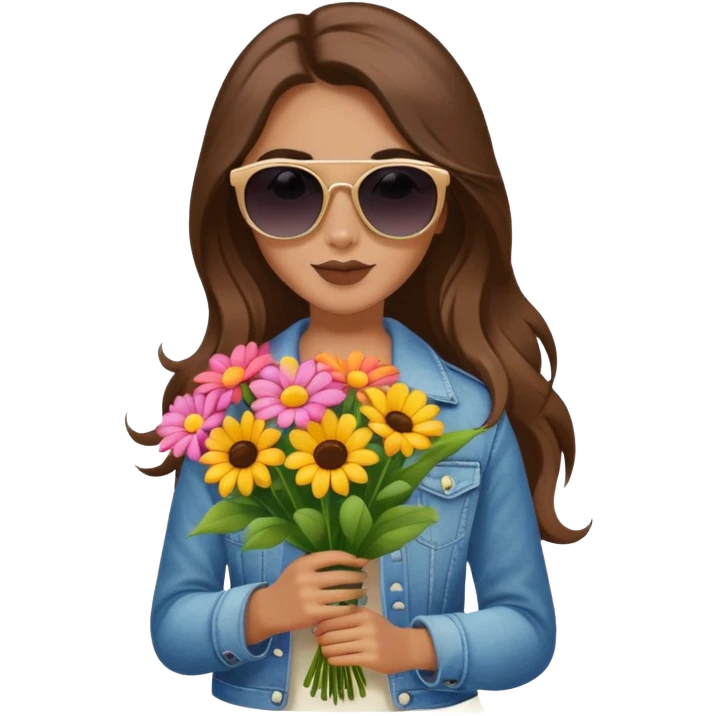 cool girl with long brown hair holding a bouquet of flowers, sunglasses, trendy emoji