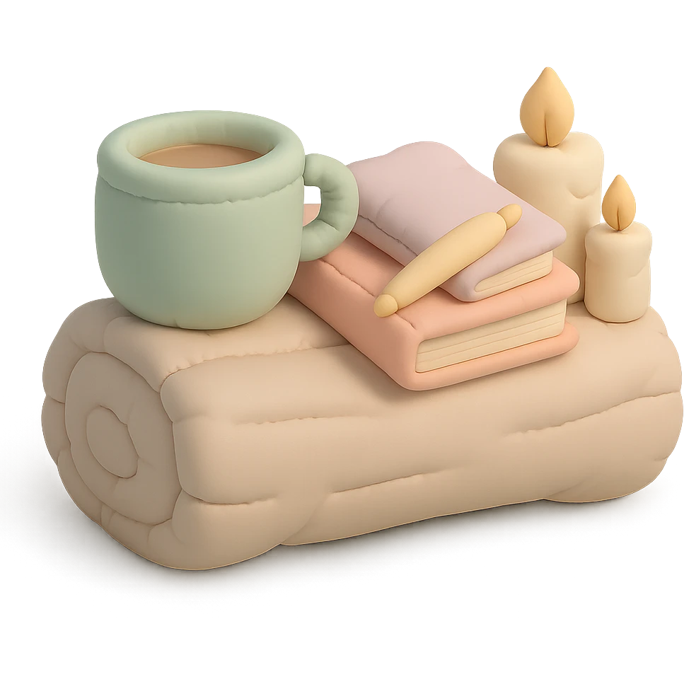 a log with tea, books, and candles, soft forest journaling mood, soft pastel colors, cushion style emoji