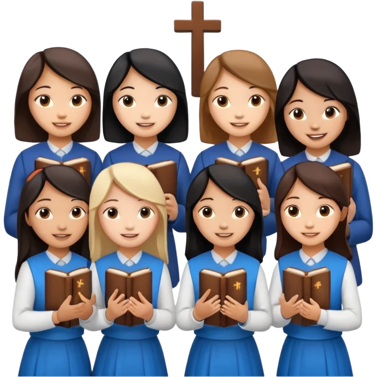 eight asian girls talking to each other holding bibles and crosses emoji