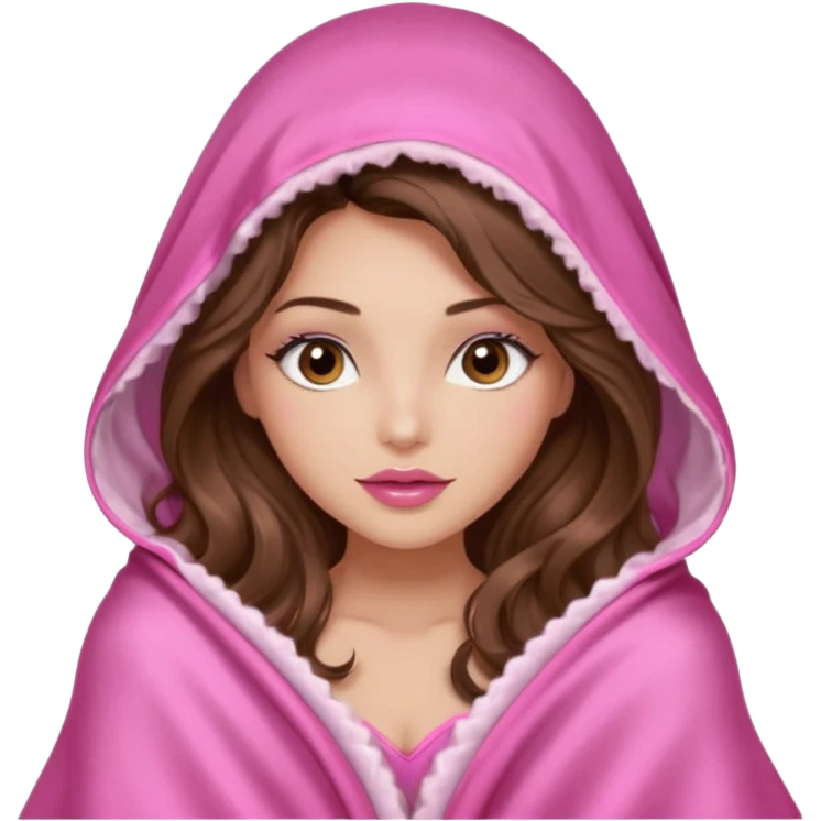 girl with long wavy brown hair, brown eyes, long lashes makeup, sexy pink lips, light to medium complexion, wearing a pink sexy silk top, big blanket over the head cozy  emoji