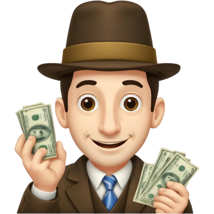 Jewish man with a big nose having his hands clenched together while smiling when he sees money , add the side curls and the funny hat  emoji
