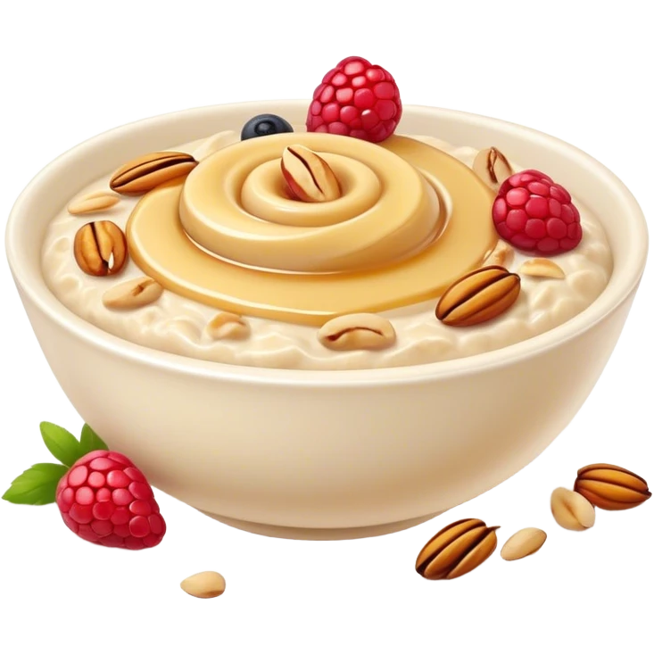 Cinematic creamy oatmeal, smooth texture with a swirl of honey on top, garnished with fresh berries and nuts, warm and comforting, cozy golden tones, rich and delicious. emoji