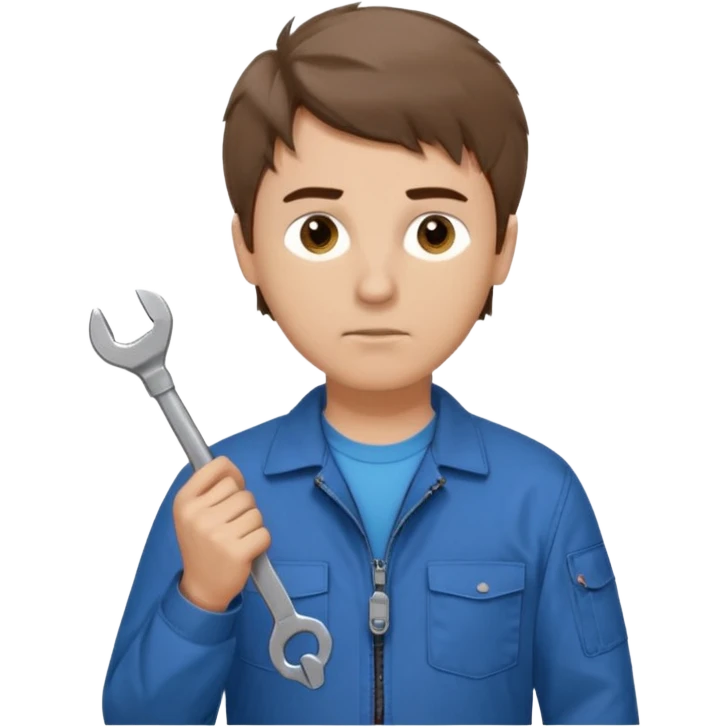 Calm and independent male technician, Caucasian features, short tousled brown hair, serious but composed expression, wearing a blue work jacket over a grey t-shirt, holding a wrench in one hand and a mechanical gear in the other, waist-up, front-facing emoji