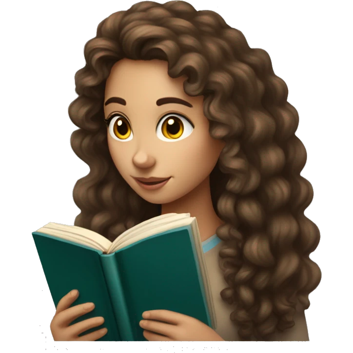 A young woman with long curly brown hair, she has light, white skin, there are two moles on her right cheek, she has brown eyes, she looks not at the camera, but at an open book in her hands emoji