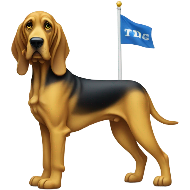 A Blue and yellow bloodhound dog standing erect on its hind legs with a white flag attached to its tail. emoji